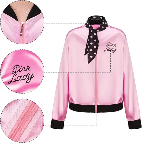 Vista 5 de FLOWDREAM 1950s Child Kids Pink Satin Jacket Little Girls Halloween Costume Cosplay Fancy Dress up Coat with Neck Scarf