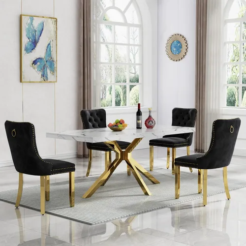 Vista 85 de HomVent - Juego de mesa de comedor de mármol sintético de 68 pulgadas con 4 sillas de terciopelo para cocina Modern Rectangular Faux Marble