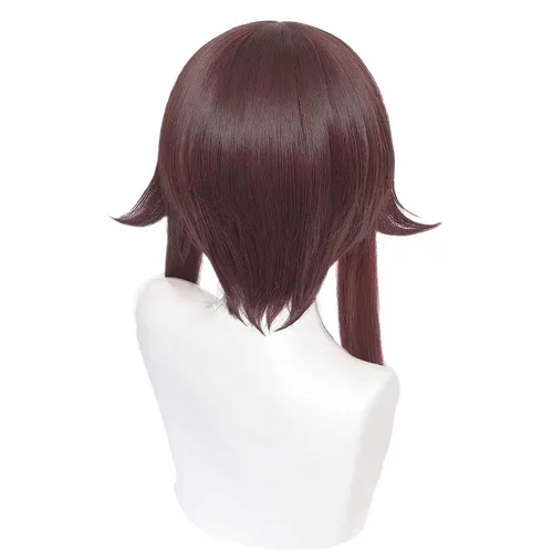Vista 5 de Hu Tao Peluca larga marrón Hu Tao Cosplay Pelucas + orejas de elfo + redecilla, pelo sintético Hutao para mujeres y niñas con doble cola de caballo