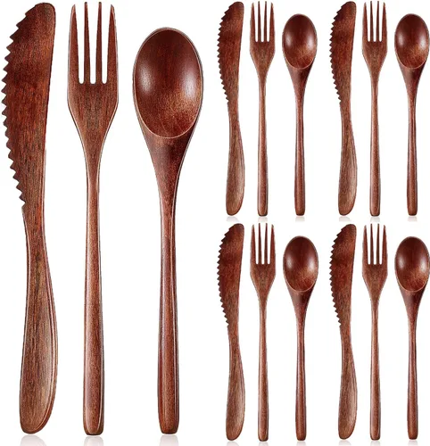 Vista 9 de Utensilios de madera reutilizables para comer, 8 piezas de cucharas de madera de viaje, tenedores, palillos, juego de cubiertos con estuche