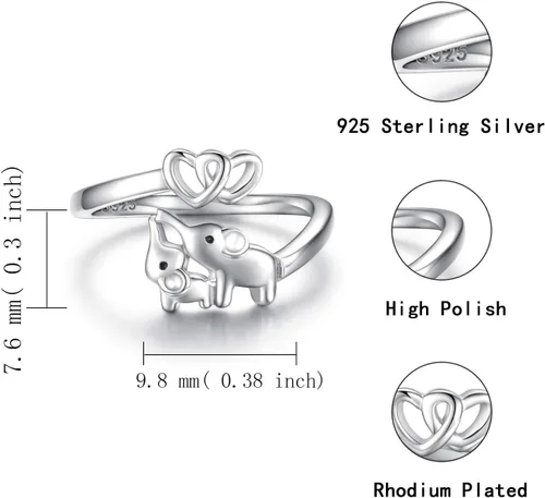 Vista 5 de Anillo de Elefante Mamá Hija Plata de Ley 925 Ajustable Anillos de Dedo Corazón de Amor Colgante para Mujeres Esposa Mamá Nana Hija Regalo de Joyería