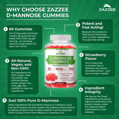 Vista 6 de Zazzee Gomitas D-manosa, 1000 mg por porción, 60 gomitas veganas, sabor a fresa, sin azúcar, potente y de acción rápida, apoyo natural para la salud