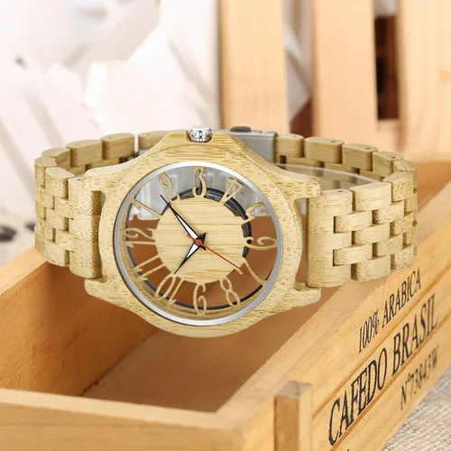 Vista 3 de Relojes de madera para hombre, reloj de cuarzo de madera de cebra ébano, cierre plegable, correa de madera, relojes de madera para hombre