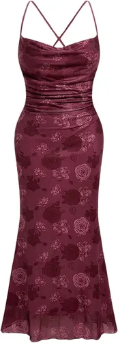 Vista 10 de SOLY HUX Vestido de malla floral para mujer, vestido largo para cóctel Estampado floral multicolor.