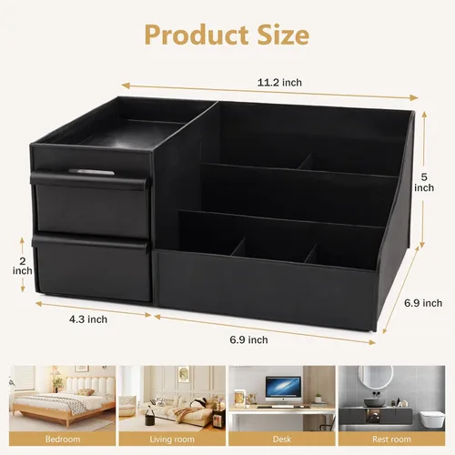 Vista 8 de Organizador de tocador negro con cajones – Caja grande de almacenamiento para hombres en encimera para colonia, cuidado de la piel, maquillaje