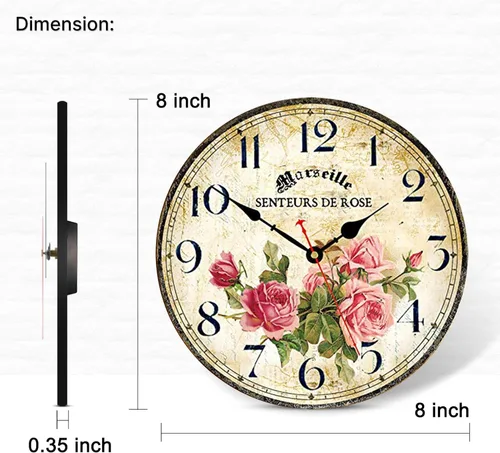 Vista 3 de Reloj de Pared Floral Francés Vintage con Patrón de Rosas Rosadas Pequeño Redondo Silencioso Sin Tictac Movimiento de Cuarzo de 8 Pulgadas Relojes