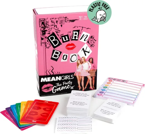 Vista 2 de Mean Girls Burn Book - Juego de cartas para fiesta, juego de mesa familiar basado en la película de comedia, para adultos y adolescentes a partir