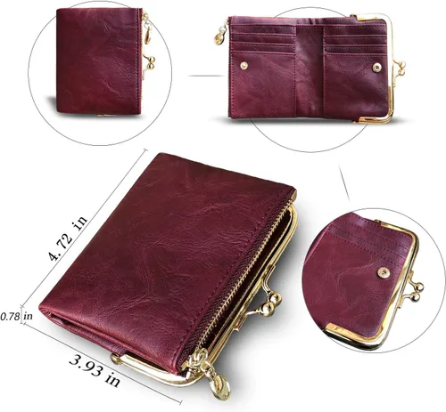 Vista 27 de AOXONEL Cartera para mujer, pequeña, Rfid, compacta, plegable, de piel, vintage, con cremallera y cierre de beso