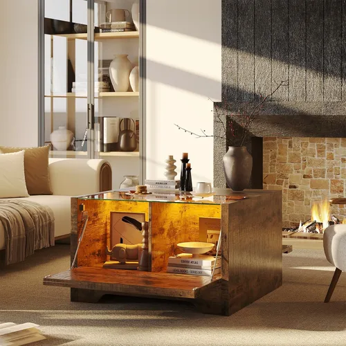 Vista 3 de Bestier Mesa de centro de granja de 31.5 pulgadas con almacenamiento, mesas de centro cuadradas LED para sala de estar, mesa central de madera