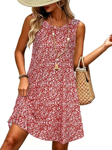 Vista 8 de elescat Vestidos de verano para mujer 2025, vestido casual de playa sin mangas con estampado floral, tipo camiseta, suelto y con bolsillos