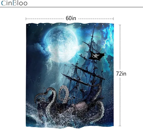 Vista 3 de Cortina de ducha de playa de pulpo para niños, 60 pulgadas de ancho x 72 pulgadas de alto, juego de cortina de baño náutica Kraken anime barco