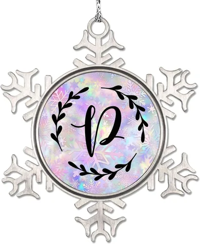 Vista 32 de Adorno de copo de nieve de letra A con inicial de copo de nieve, corona negra, adorno con monograma para decoración de árbol de Navidad, adornos