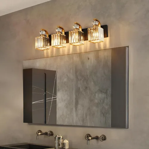 Vista 7 de Lámpara Moderna de Tocador de Baño, Luminarias de Baño de 4 Luces Negro Dorado Sobre Espejo, Aplique de Pared de Cristal de 28.4