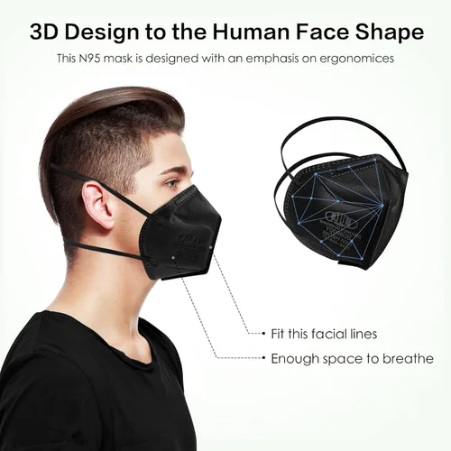 Vista 3 de Máscara N95 aprobada por NIOSH, paquete de 20 mascarillas respiradoras de partículas N95, ajuste universal, envueltas individualmente, color negro