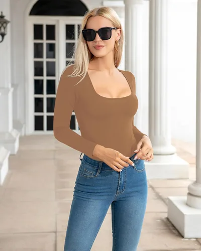 Vista 4 de Allchic Body básico de manga larga con cuello redondo para mujer