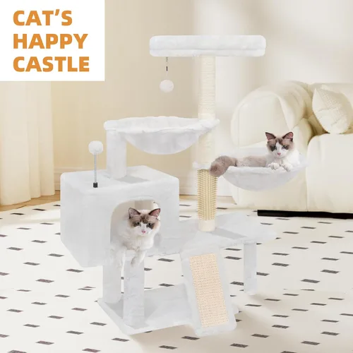 Vista 7 de ROYPET Árbol para gatos con condominio para gatos y dos hamacas, torre para gatos con postes rascadores y almohadillas para rascar, color beige