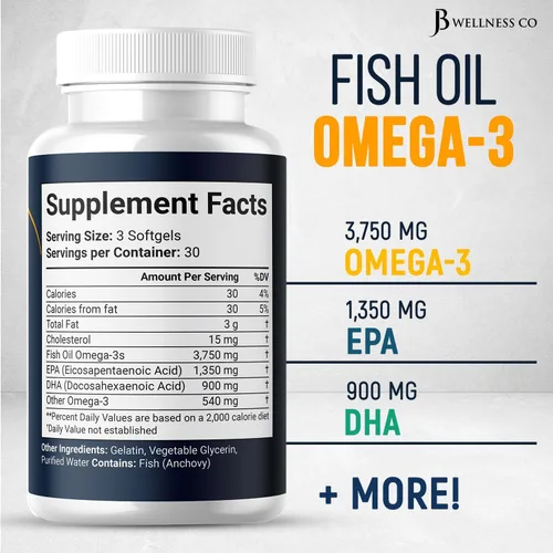 Vista 2 de Aceite de pescado Omega 3 Triple Strength 3750 mg - EPA y DHA - Más de 3000 mg de ácidos grasos omega-3 - 1350 mg EPA + 900 mg DHA - Los mejores