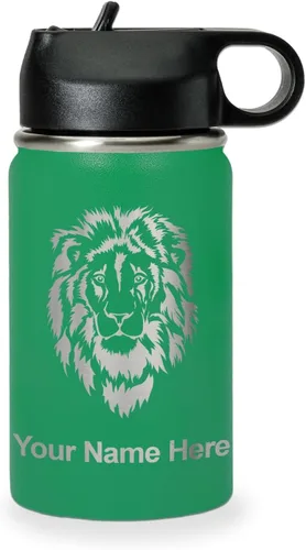Vista 63 de LaserGram Botella de agua personalizada, cabeza de león, acero inoxidable de doble pared aislada al vacío con popote superior, regalo grabado