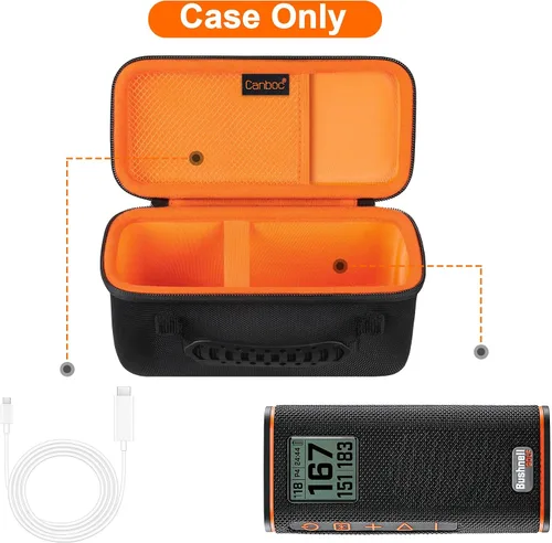 Vista 2 de Canboc Estuche rígido de transporte para altavoz GPS Bushnell Wingman View Golf, bolsillo de malla para cables de carga y accesorios, negro+naranja