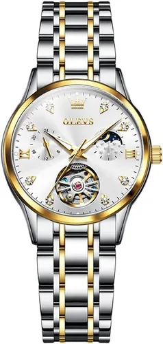 Vista 7 de OLEVS Reloj automático para mujer, de lujo, con cuerda automática, de diamante, de acero inoxidable, de fase lunar, impermeable, esfera azul luminosa