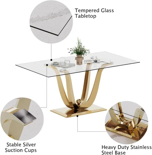 Vista 5 de Mesa de comedor de vidrio de 70 pulgadas para 4-8 personas, parte superior de vidrio templado y base de acero inoxidable en U dorada, escritorio