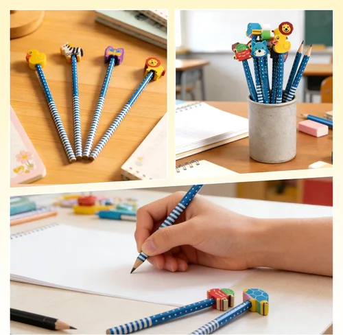 Vista 4 de Paquete de 50 lápices de animales de dibujos animados con borradores, lápices divertidos azules para niños, lindo juego de lápices y borradores