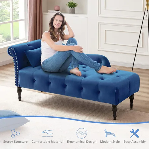 Vista 2 de Chaise Lounge - Silla de terciopelo para interiores con almohada, con botones copetudos, brazo derecho, con ribete de cabeza de clavos y patas Azul