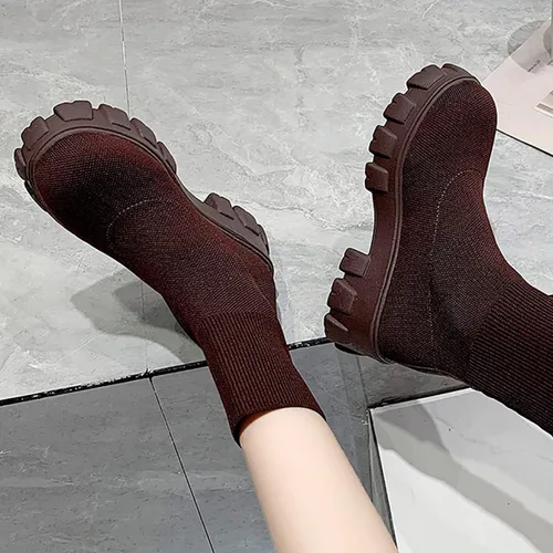 Vista 4 de Botas al tobillo con suela de lengüeta para mujer, tacón bajo, botas Chelsea elásticas, botines cortos