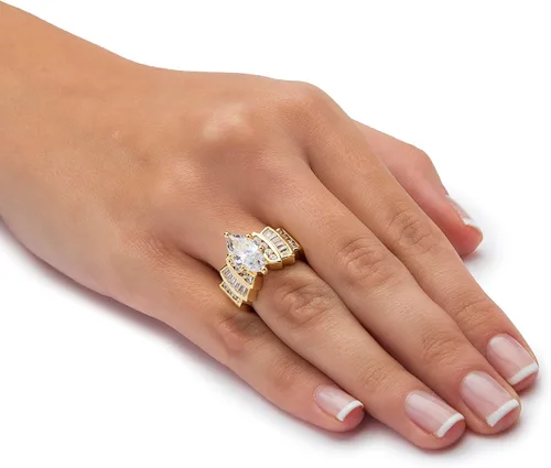 Vista 3 de Palm Beach Jewelry Anillo de compromiso chapado en oro amarillo de 14 quilates con circonita cúbica de corte marquesa