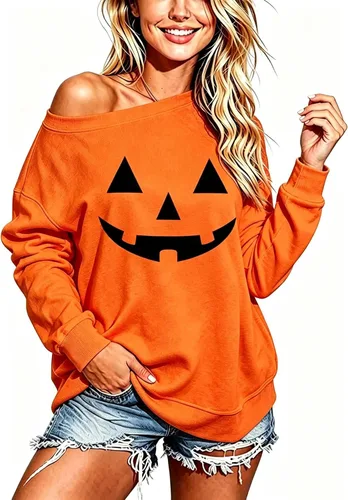 Vista 14 de Sudadera holgada de manga larga con hombros descubiertos para mujer de Halloween Gorro de Navidad negro