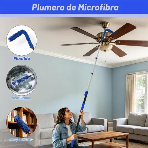 Vista 3 de Kit de plumero de alcance 30T, kit de limpieza de ventanas con poste de extensión telescópico de 5 a 24 pies, plumero de telaraña, plumero