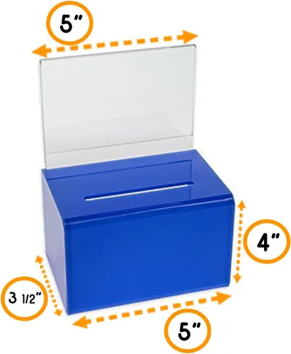 Vista 2 de lujosa caja para donaciones rectangular de 5 pulgadas de ancho, con marco para publicidad y candado gratis, Azul