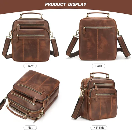 Vista 4 de Jack&Chris Bolso de hombro de cuero para hombre, bolsas cruzadas pequeñas para el trabajo, bolso de mano para hombre, Marrón