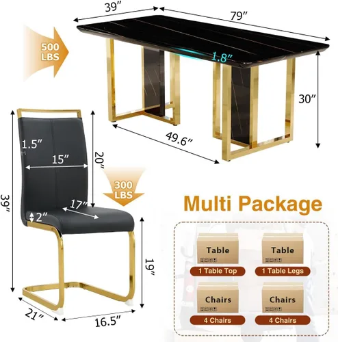 Vista 3 de Juego de mesa de comedor de mármol negro dorado de 79 pulgadas para 8 Sillas negras+oro