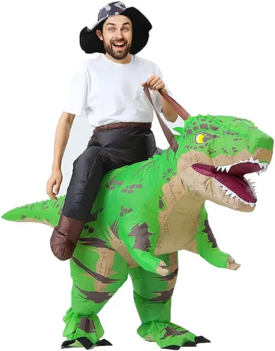 Vista 3 de MXoSUM Disfraz inflable de dinosaurio para adultos, disfraz de jinete T-Rex, divertido disfraz de Halloween para fiesta de cosplay Verde