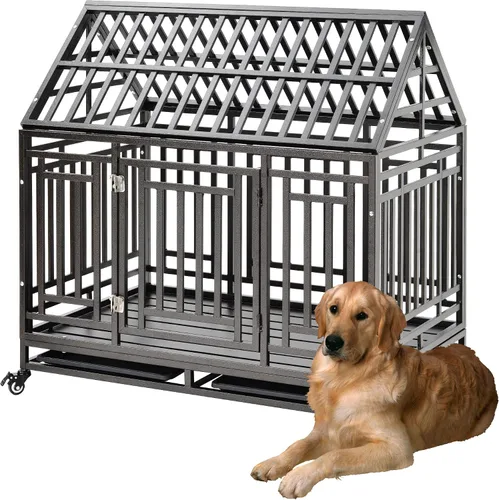 Vista 6 de Jaula para perros de alta resistencia, corralito de metal grande y fuerte para perros grandes y medianos con cuatro cerraduras resistentes y cuatro