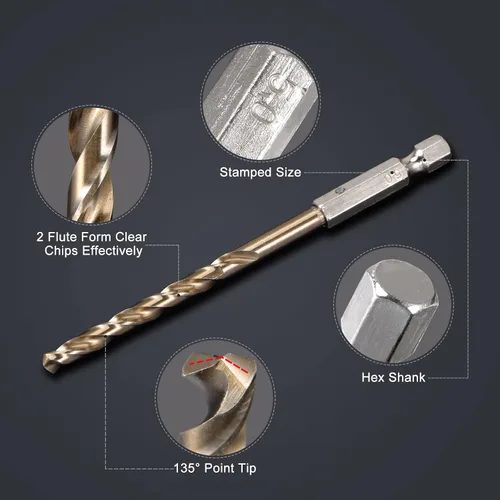 Vista 4 de uxcell Juego de 12 brocas de cobalto, 12 tamaños de 1/9"-1/4" de diámetro de perforación M35, brocas hexagonales para acero, aluminio, cobre, acero