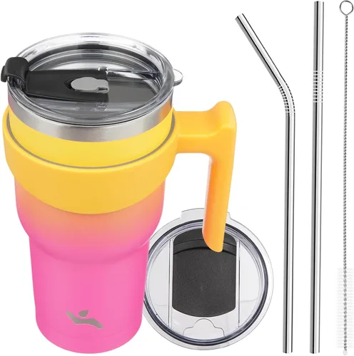 Vista 12 de Konokyo - Vaso de 10 onzas con asa y 2 popotes, 2 tapas, botella de agua aislada de acero inoxidable, taza de viaje reutilizable, color verde militar