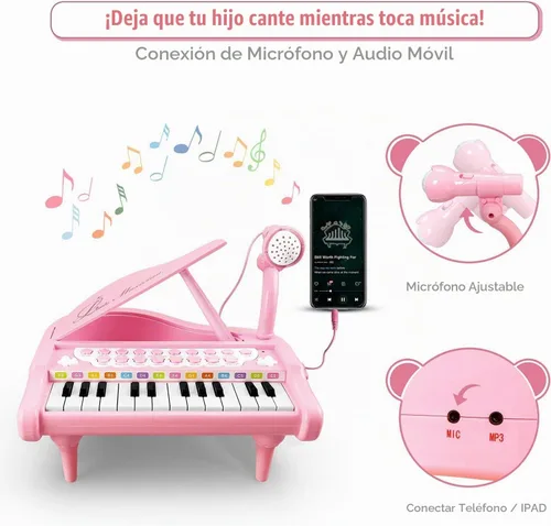 Vista 3 de Love & Mini - Piano/teclado de juguete para niños de 3 a 5 años como regalo de cumpleaños, con 24 teclas, color rosa; instrumento musical de juguete