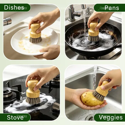 Vista 6 de AUEAR, Cepillo de bambú natural para fregar platos, cepillos de limpieza para ollas, cerdas de coco para sartenes de hierro fundido