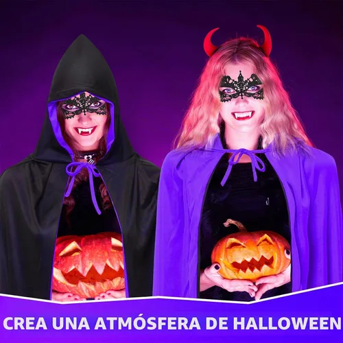 Vista 4 de Ramede Juego de 14 piezas de disfraz de vampiro de Halloween con capucha, máscara, aretes, gargantilla, pulseras de tatuaje, colmillos de cicatriz