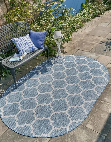 Vista 73 de Unique Loom Outdoor Trellis Collection Alfombra de Área (5' 1" x 8' Oval, Aguamarina/Gris)