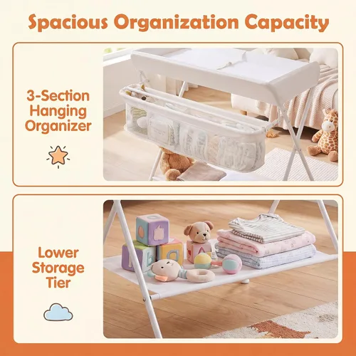Vista 7 de HONEY JOY Cambiador, organizador plegable para guardería con estante abierto y cinturón de seguridad, estación de cambio de pañales portátil