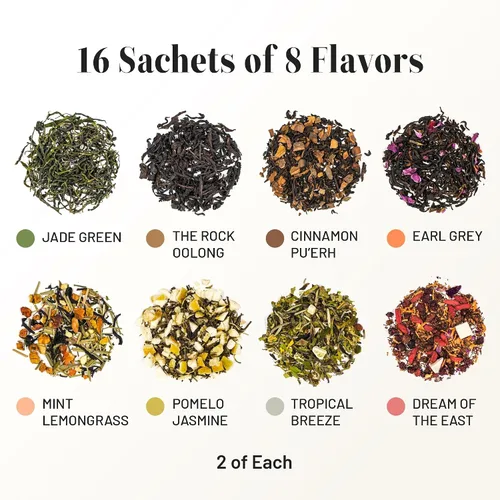 Vista 4 de CHAYEAH, Colección Premium de Té (16 Sobres de Té Pirámide, 8 Sabores Surtidos), Pack de Variedad de Muestra de Té Verde, Negro, Oolong, Pu’erh &