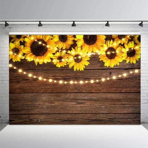 Vista 4 de Telones de fondo de madera de girasol de 7 x 5 pies para fotografía, rústico, inauguración de la casa, baby shower, cumpleaños, verano, boda, tira