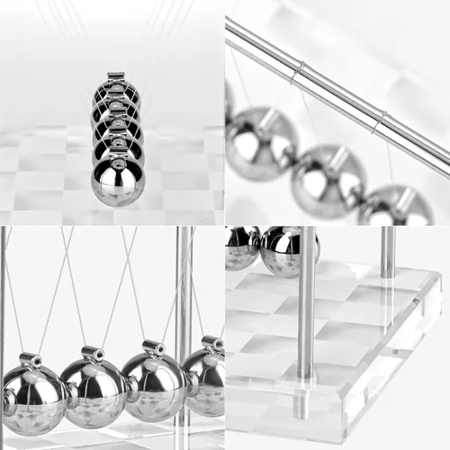 Vista 4 de Péndulo de Newton con Bolas de Equilibrio, Péndulo Clásico de Newton con Base de Tablero de Ajedrez Plateado y Blanco, Gadget de Física Científica