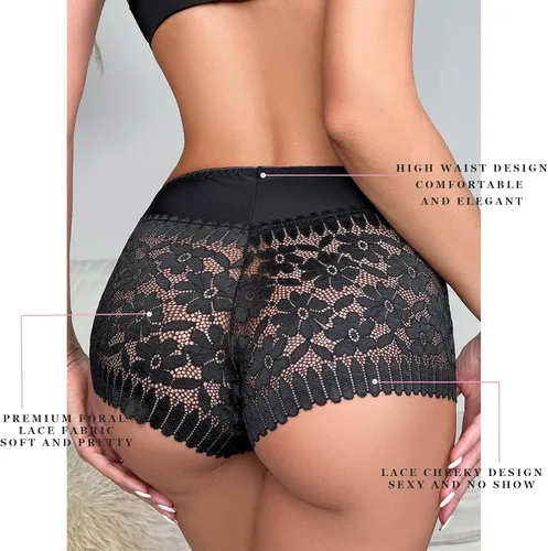 Vista 5 de Pantalones cortos de encaje para mujer, transpirables, cómodos, de cintura alta, elásticos, calzones de malla de encaje para mujer