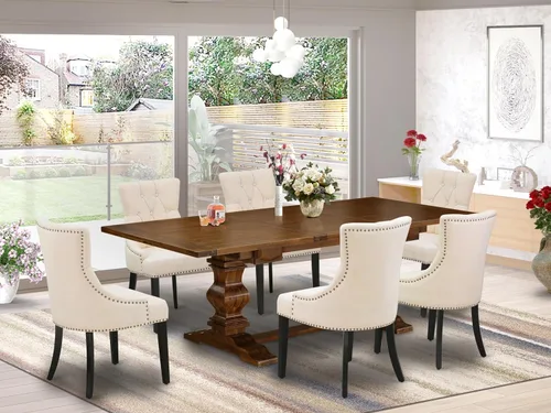 Vista 2 de East West Furniture ALAFR7-81-02 Juego de mesa de comedor moderno de 7 piezas consta de una mesa rectangular de madera con hojas extraíbles y 6