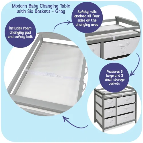 Vista 2 de Badger Basket Cambiador de bebé moderno con 6 cajones de almacenamiento y almohadilla - gris Modern changing table with pad, safety belt, 6
