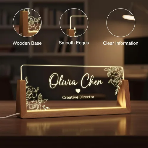 Vista 4 de Noni Placa de identificación LED personalizada para escritorio, placa de identificación de escritorio de acrílico iluminada con base de madera